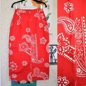 80s red white bandana paisley high waisted denim midi skirt (26”)